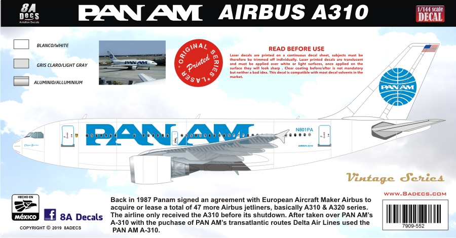 A310 Sticker 8aDecs.::.Decals Catalogue PANAM AIRBUS A310 DECALSET